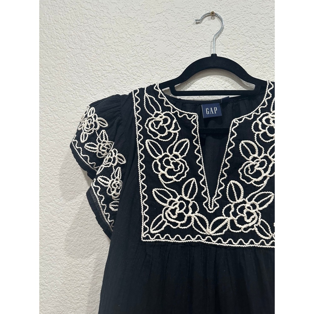 Gap Womens Black Floral Embroidered Tiered Cotton Gauze Mini Dress L Petite - Picture 5 of 7